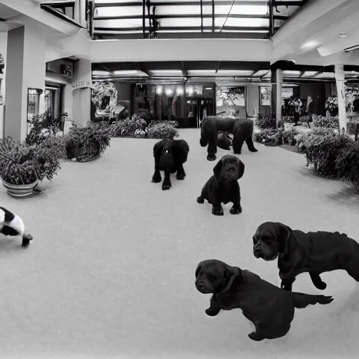 Prompt: panorama of indoor area with many animals running around, black and white english cocker spaniel puppies, black and white chiweenie puppies, photograph