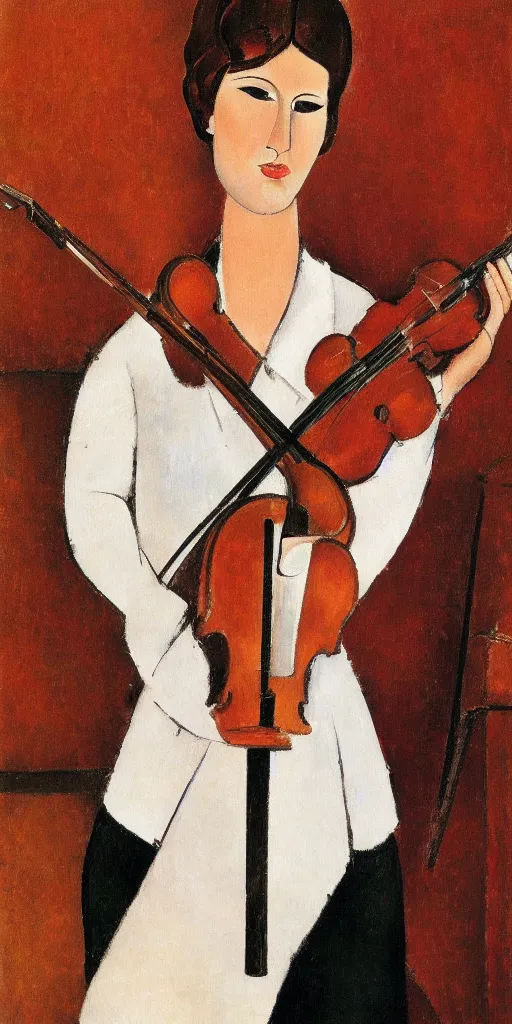 Image similar to violin player portait by modigliani, intricate, highly detailed, hyper realistic, soft shadow, dslr, 4 k