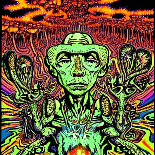 Prompt: Joe Rogan and Aliens tripping on psychedelic mushrooms, hyperdetailed, realistic, nature