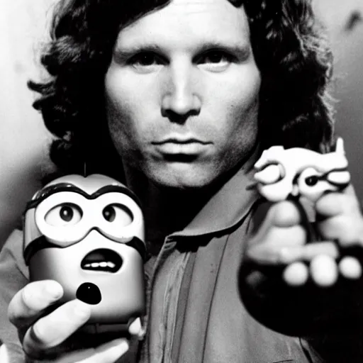 Image similar to jim morrison posing with minion toys in his hands, presented to the camera, black and white photography