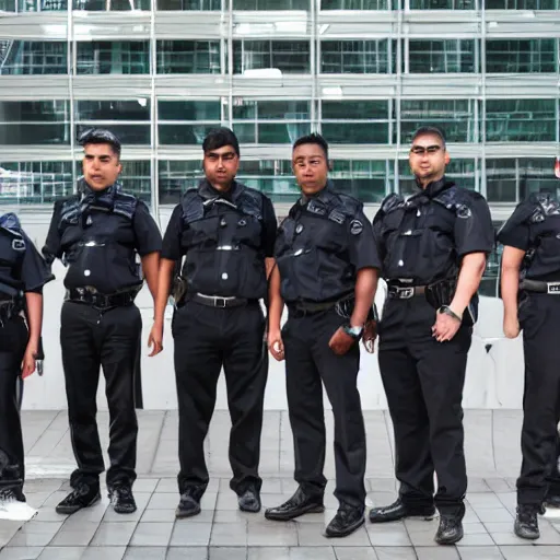 Image similar to a team of futuristic security guards standing for a group photo
