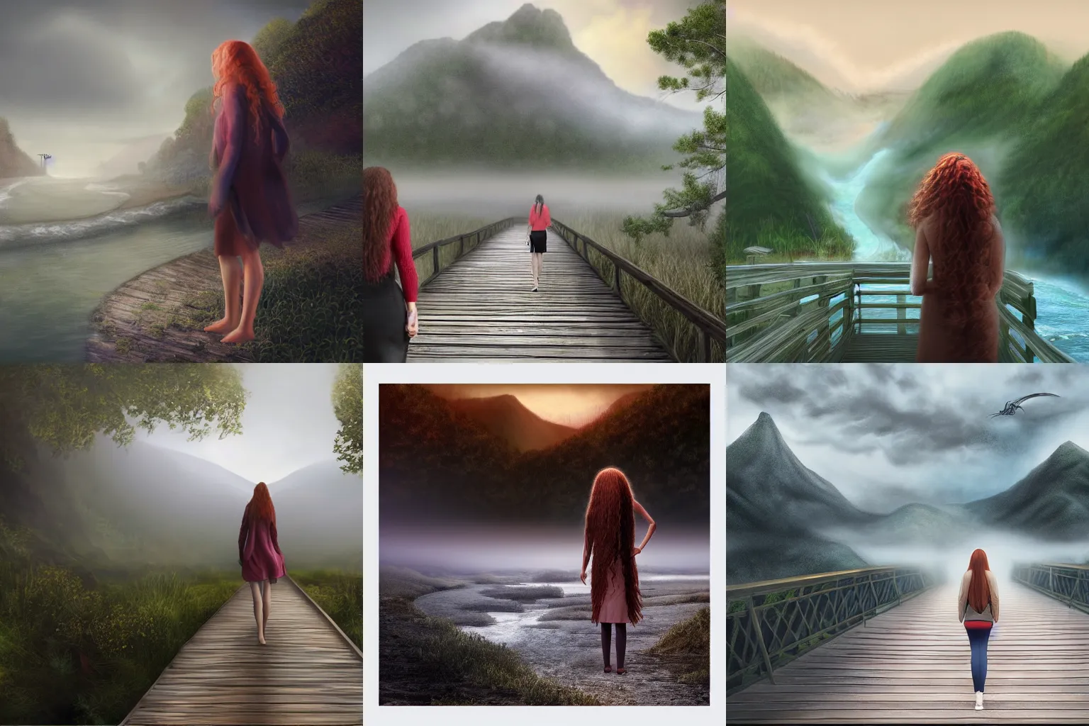 Prompt: a realistic digital painting of a woman with curly long redhair standing in a boardwalk besides a river looking at a dragon in the mountains that is covered by a fog in a thunderous weather