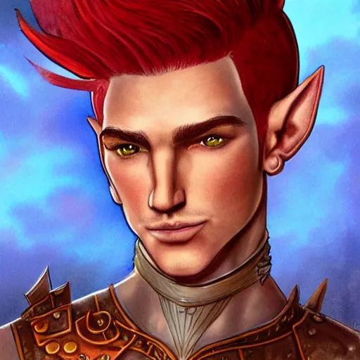Prompt: D&D portrait male half elf artificer with red hair shaved on the sides, digital illustration by terese nielsen