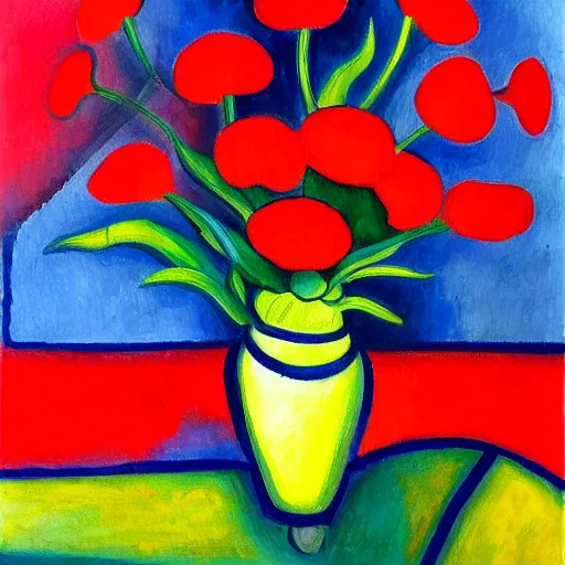 Image similar to a painting of red flowers in a blue vase, a gouache by tarsila do amaral, pinterest contest winner, fauvism, fauvism, oil on canvas, acrylic art