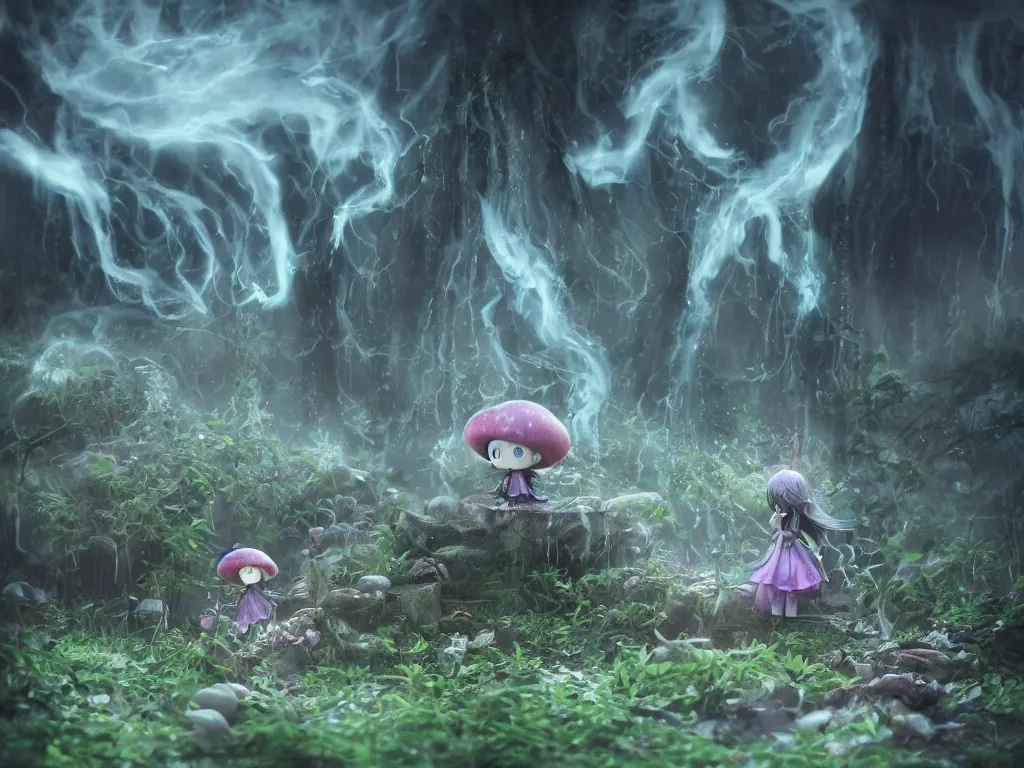 Prompt: cute fumo plush of a gothic maiden girl, inverse color, overdose, overgrown flooded mystical mushroom forest temple, mysterious ritual over tempestuous stormy water, wisps of volumetric vortices of glowing smoke and fog, vignette, vray