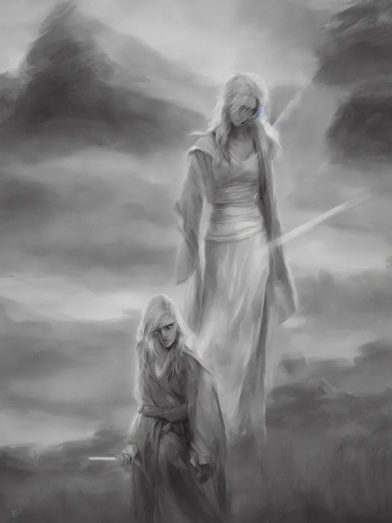 Image similar to blonde female jedi, Swedish countryside, landscape view, archipelago, pencil sketch, abstract, black and white, mono, by Vladimir Volegov, wlop, artstation