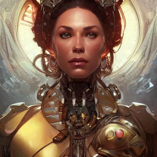 Prompt: portrait of The Cyborg Queen, fantasy, intricate, elegant, highly detailed, digital painting, artstation, concept art, smooth, sharp focus, illustration, art by artgerm and greg rutkowski and alphonse mucha