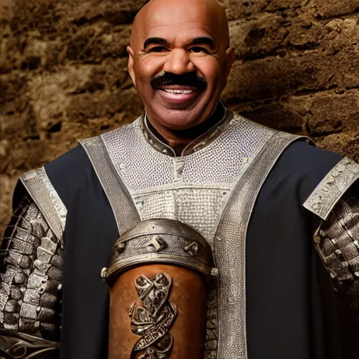 Image similar to promotional photograph of steve harvey in medieval clothing, highly detailed, cinematic lighting, photo, award - winning photograph, professional photograph, dramatic posing