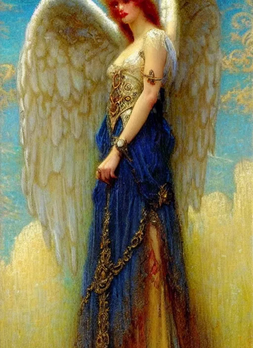 Image similar to vertical prtrait of an angel knight gothic girl, baroque dress. by gaston bussiere