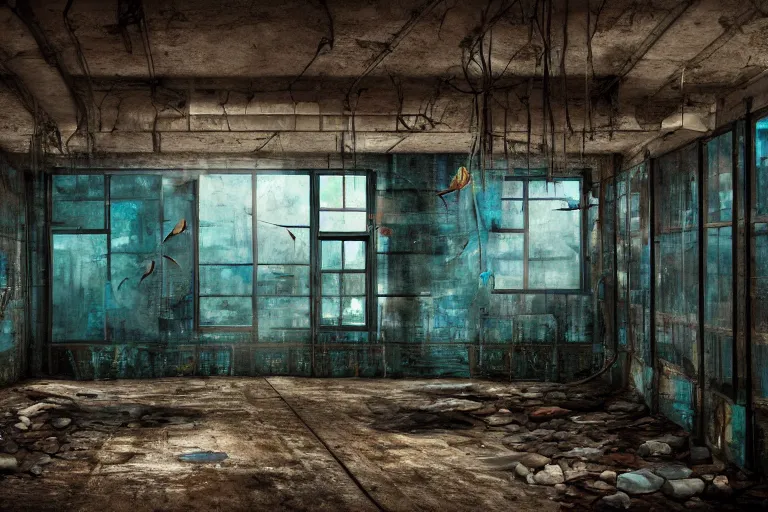 Prompt: an art photo of aquarium in dimly lit abandoned industrial room, fine details, trending on artstation