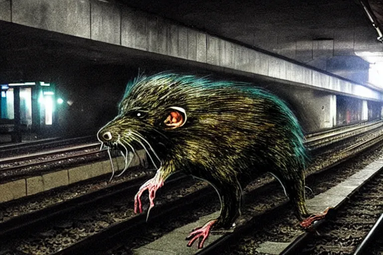 Image similar to very large giant mutant zombie irradiated ( angry rat ) staying on railways in tonnel of moscow subway. extreme high detail, very realistic. extreme long shot, low dark light, scary mood.