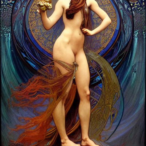 Prompt: awe-inspiring award-winning concept art nouveau painting of attractive figure called the goddess of the moonbow, darkness, by Alphonse Mucha, Michael Whelan, William Adolphe Bouguereau, John Williams Waterhouse, and Donato Giancola, cyberpunk, fierce, extremely moody lighting, glowing light and shadow, atmospheric, shadowy, cinematic, 8K,