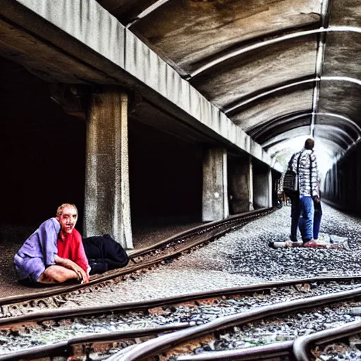 Image similar to poor people life under railway bridge, award winning, realistic, 2 0 0 0 p, hyper details, by steve mccury, best on adobe stock, cinematic, detailed place and people