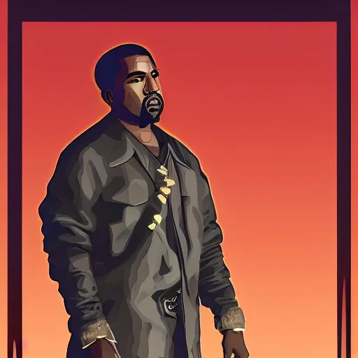 Image similar to kanye west in illustration red dead redemption 2 artwork of kanye west, in the style of red dead redemption 2 loading screen, by stephen bliss