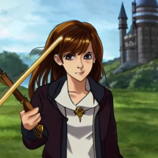 Image similar to emma watson as hermione granger as an anime character, holding a wand, anime hogwarts in the background