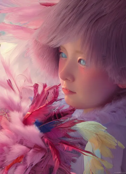 Image similar to beautiful little girl with an pink eccentric haircut wearing an dress made of feathers dancing on stage, artwork made by ilya kuvshinov, inspired in donato giancola and balthus, hd, ultra realistic, reflection, flowers, light, realistic face, bird tattoo, trending on pixiv, 8 k, ray tracing, glorious