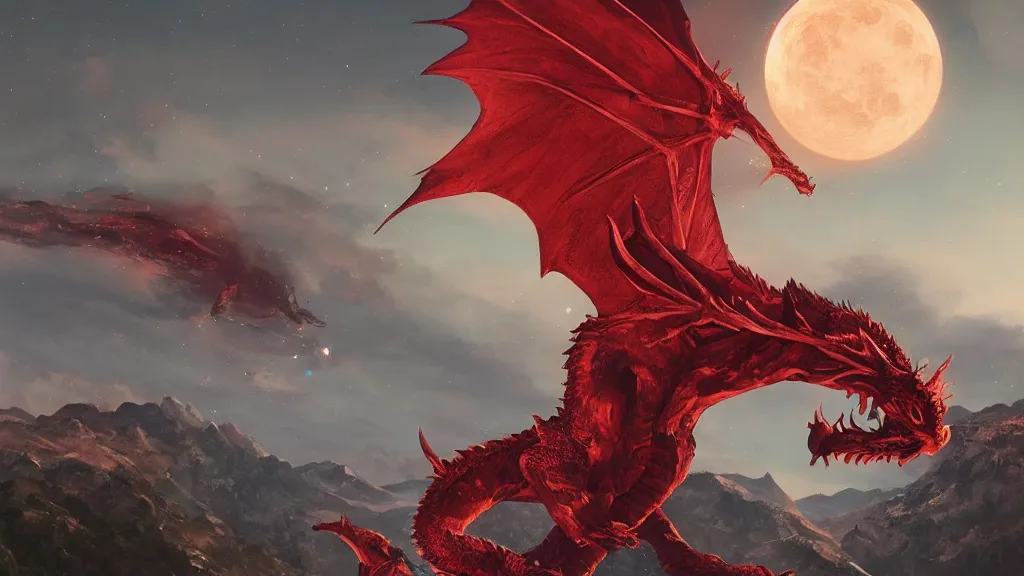Image similar to a glowing red dragon at night with the moon in a clear star filled sky by thomas cole, behance, 8k featured in artstation, cinematic,, sharp focus, very detailed, volumentric lighting