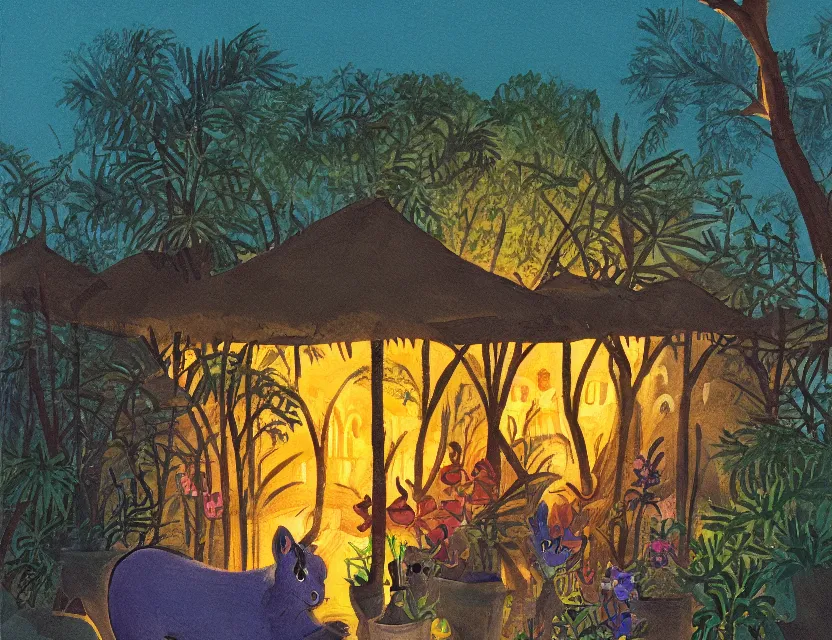 Prompt: dusk at the oasis. gouache painting by beloved children's book illustrator, chiaroscuro, bokeh, backlighting, intricate details