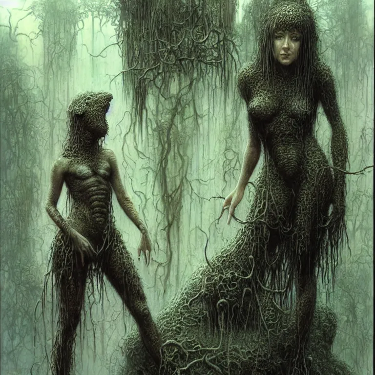 Prompt: cute young alyson hannigan with short hairs in lovecraftian jungles by luis royo and wayne barlowe, beksinski