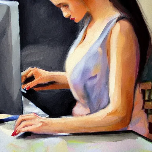 Image similar to painting detailed portrait woman using computer