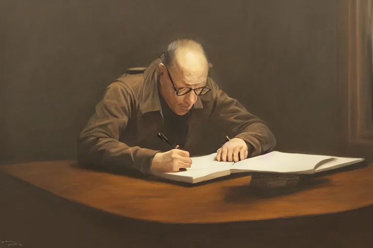 Image similar to a painting of a man writing in a large leather notebook in a foggy room by jama jurabaev, cinematic shot, trending on artstation, high quality, ultra realistic