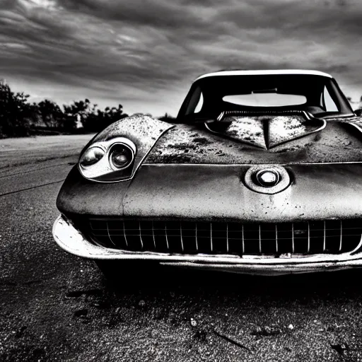 Image similar to black and white press photograph of a rusted abandoned chevrolet corvette 2 0 2 2 on an empty abandoned city street, full view, detailed, natural light, mist, film grain, soft vignette, sigma 5 0 mm f / 1. 4 1 / 1 0 sec shutter, imax 7 0 mm footage