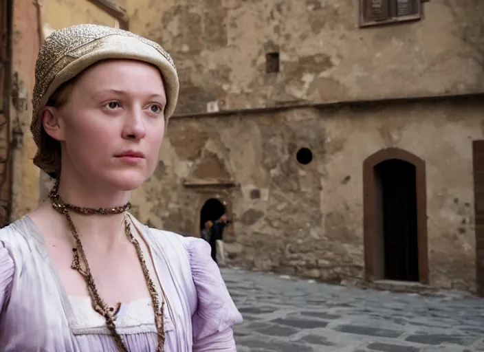 Prompt: street scene from a 2 0 1 0 film set in 1 4 5 0 florence italy showing a young noblewoman in closeup