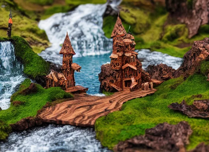 Prompt: high - res photograph of a wood sculpture diorama with fantasy castles, highly detailed sculpey diorama, forest setting in iceland, waterfall backdrop, realistic materials, wood, felt, cloth, burlap, copper wire, hot glue, smooth, sharp foccus, commercial product photography,