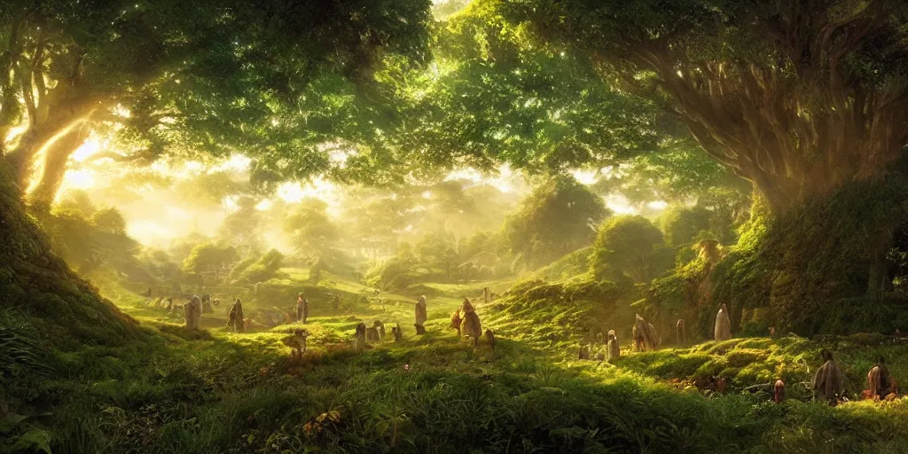 Prompt: lush and beautiful concept art for the shire, lord of the rings, peter jackson, studio ghibli, detailed, realistic lighting, volumetric lighting, golden hour,