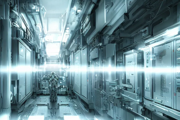 Image similar to parallax datacenter server room interior single mono colossus white rusty android guest robosaurus artstation cinematic detailed concept art volumetric light sharp coherent cgsociety symmetric perfect well balanced shadows lotr prometheus