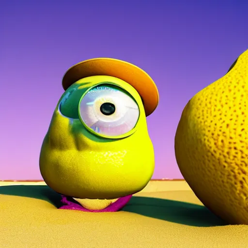 Prompt: 3 d render, of anthropomorphic lemon character that looks like a monster from the movie وmonsters inc, with lemon skin texture, he is wearing a hat, building a sandcastle on the beach at sunset, beach, huge waves, sun, clouds, long violet and green trees, rim light, cinematic photography, professional, sand, sandcastle, volumetric lightening