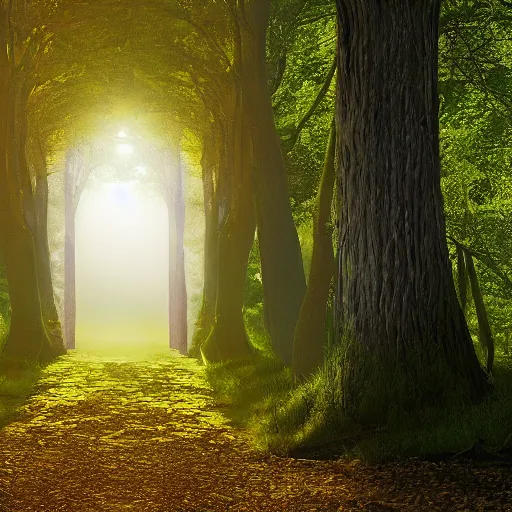 Prompt: the sunny path winds through the trees but suddenly a portal to the otherworld appears