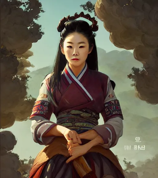 Image similar to a portrait of arden cho chef character in a scenic korean city environment by marco bucci and greg rutkowski and frank frazetta, sharp focus, detailed, cinematic, hanbok, ornate korean polearm behind her