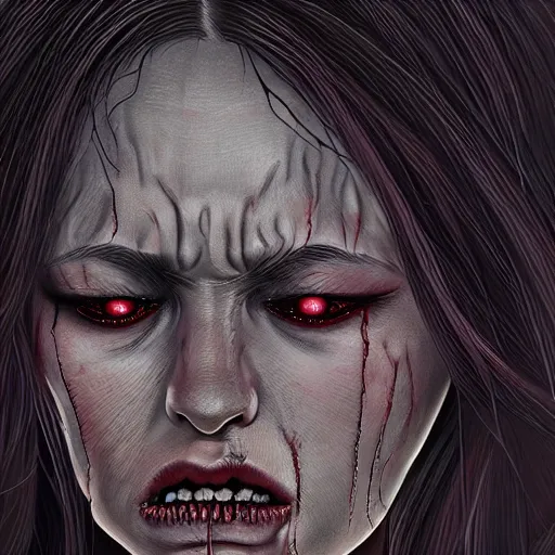 Prompt: demon woman crying in the style of junji ito and michael whelan. hyperdetailed photorealism by greg rutkowski, 1 0 8 megapixels, cinematic lighting