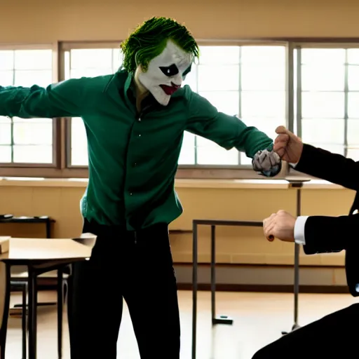 Prompt: cinematic shot of the joker fist-fighting a college professor in a classroom, 8k, dslr, epic,