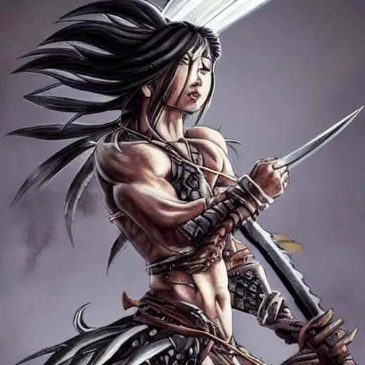 Image similar to realistic art style, warrior girl, muscular girl, wild spiky black saiyan hair, long spiky hair, electrified hair, holding scimitar made of bone, scimitar, sword, jagged sword, curved sword, orkish sword, colorized, gray skin, hyper - detailed, primeval fantasy, prehistoric fantasy, art by jacques - louis david