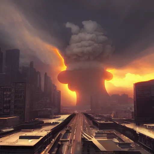 Image similar to nuclear explosion in a city, dramatic lighting, raytraced, trending on artstation
