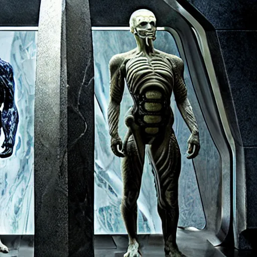 Prompt: prometheus movie still frame by giger, marble bismuth and alabaster cyclop ironman