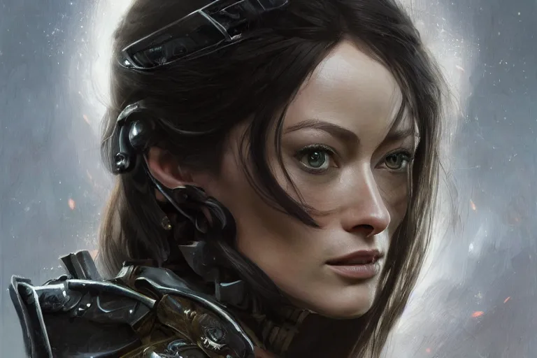 Image similar to a finely detailed portrait of Olivia Wilde, clothed in battle armor, olive skin, long dark hair, beautiful bone structure, symmetrical facial features, intricate, elegant, digital painting, trending on Artstation, concept art, smooth, sharp focus, illustration, from Metal Gear by Ruan Jia and Mandy Jurgens and Artgerm and Greg Rutkowski, award winning