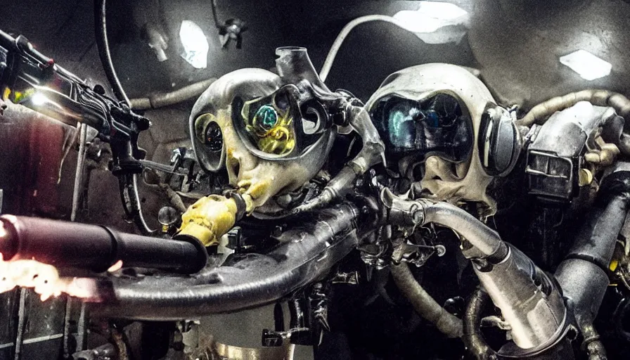 Prompt: Big budget horror movie, in an undersea lab, a squid fires a minigun at a cyborg