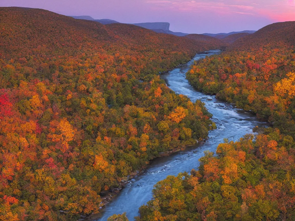 Prompt: “a river bend running through a canyon surrounded by mountains at sunset, a tilt shift photo by Frederic Church, by ansel adams, trending on unsplash, hudson river school, photo taken with provia, national geographic photo, tilt shift”