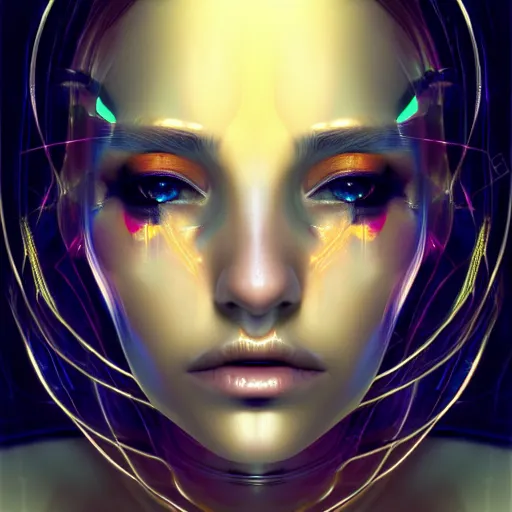 Image similar to face decor on beautiful woman face, gold, liquid, reflection, realistic, cyberpunk art by kuno veeber, cgsociety, computer art, ultra detailed, futuristic, anime aesthetic