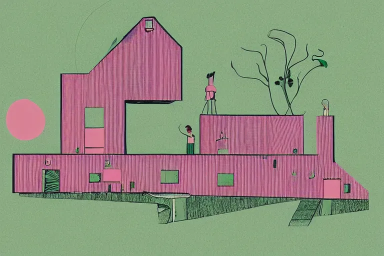 Image similar to a pink and green illustration of a cross section of a house, a storybook illustration by muti and tim biskup, featured on dribble, arts and crafts movement, behance hd, storybook illustration, dynamic composition