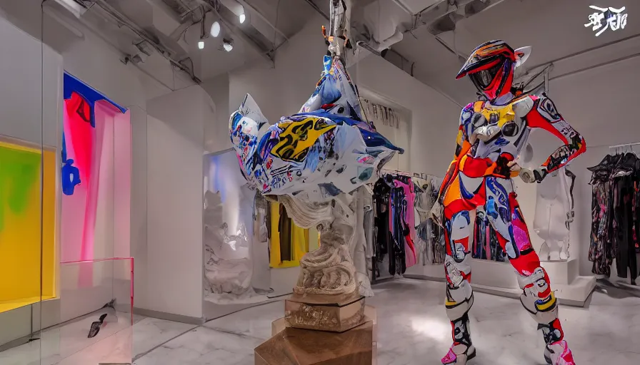 Prompt: extremely beautiful photo of a white marble statue of an anime girl with colorful motocross logos and motorcycle helmet with closed visor, standing in an airy light fashion boutique, large space, colorful smoke in the background, carved marble statue, fine art, neon genesis evangelion, virgil abloh, offwhite, denoise, highly detailed, 8 k, hyperreal