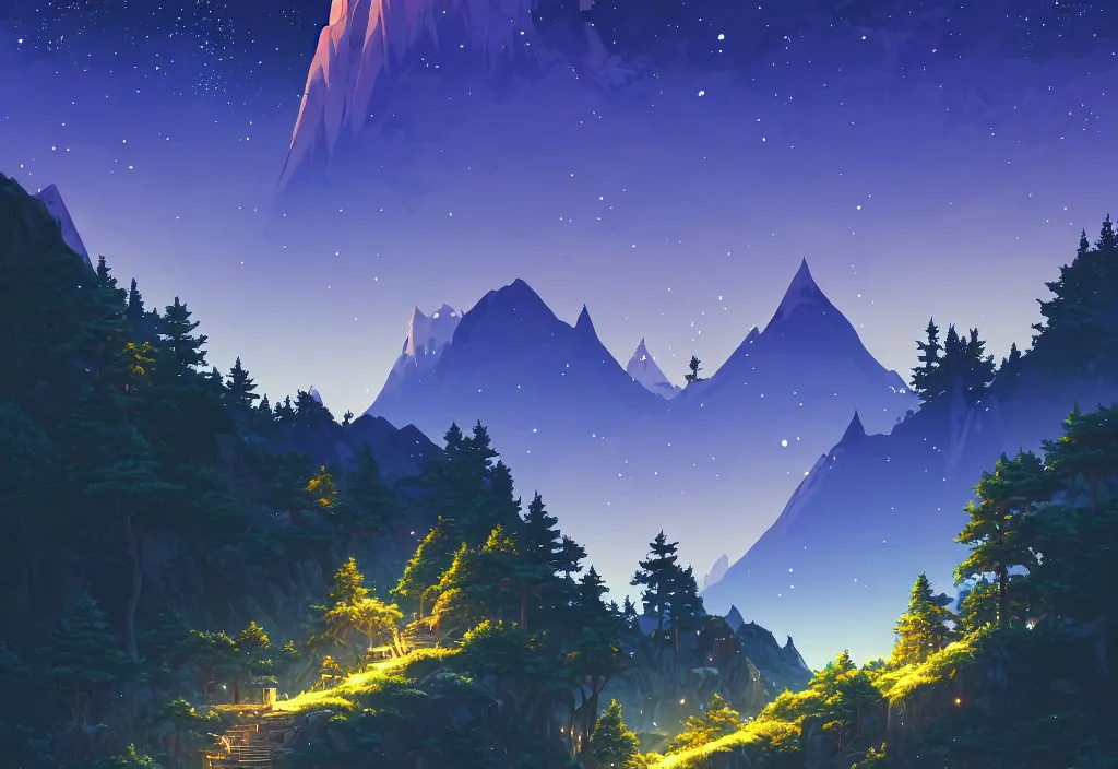 Image similar to mountains background with pines at night, rocks, trees, castle, night sky, intricate oil painting, high detail illustration, sharp high detail, manga and anime 1 9 9 9, official fanart behance hd artstation by jesper ejsing and makoto shinkai, 4 k,