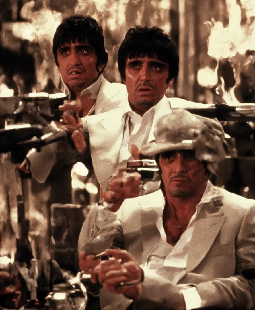 Image similar to a wide still of tony montana, scarface movie, pinterest contest winner, dynamic lighting, 1 9 8 0's,