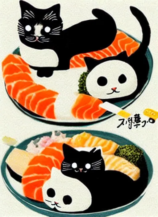 Prompt: clear photorealistic picture of adorable cats made out of sushi. some cats eating the sushi