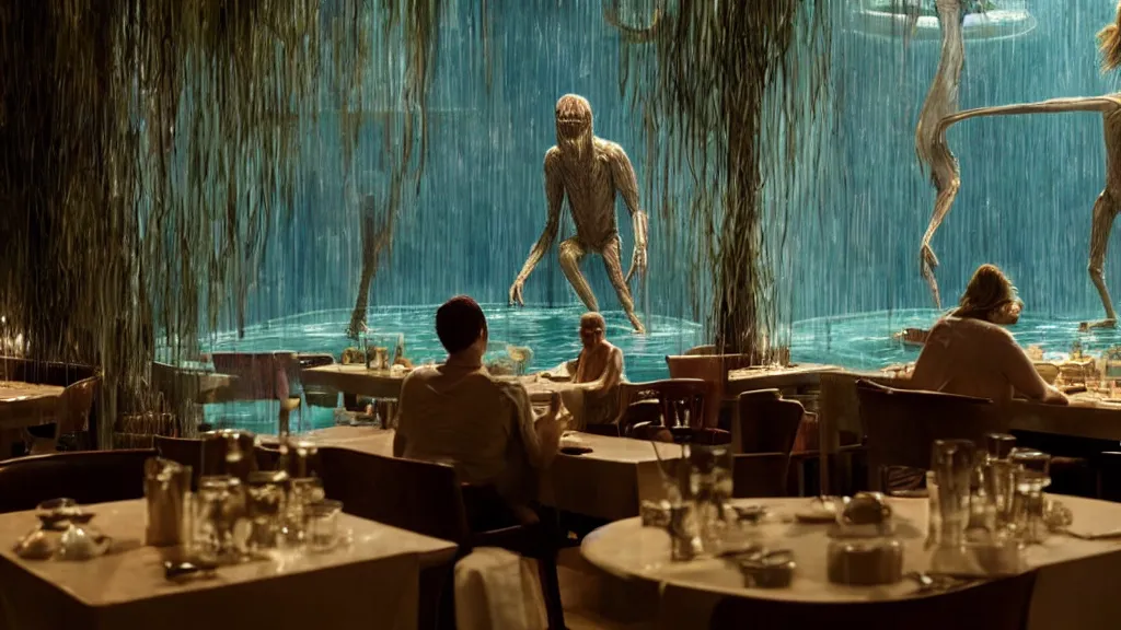 Image similar to the tall strange creature helps customers in the restaurant, made of water, film still from the movie directed by Denis Villeneuve with art direction by Salvador Dalí, wide lens