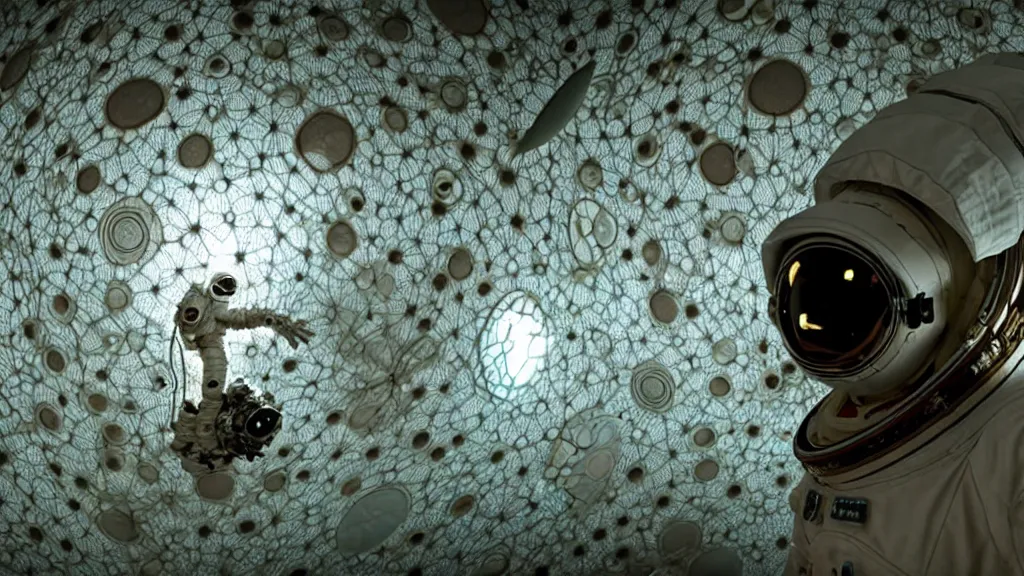 Image similar to a astronaut eva suit covered in diamond 3d fractal lace iridescent bubble 3d skin and covered with insectoid compound eye camera lenses floats through the living room, film still from the movie directed by Denis Villeneuve with art direction by Salvador Dalí, wide lens,