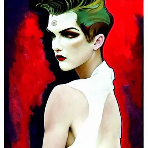 Image similar to stunning portrait of androgynous ruby rose as desire from sandman in a white tuxedo!!!, rockabilly style,, by alphonse mucha, by jeremy mann, by peter lindbergh, dave mckean, by frank moth, white suit and black tie, soft lightning, high detailed, 8 k